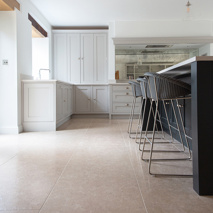 Dijon brushed limestone tiles kitchen flooring