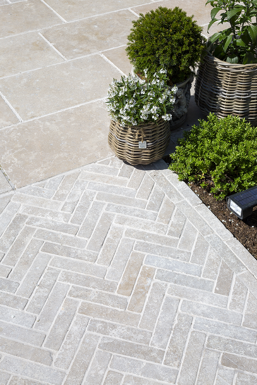 Dijon Tumbled Limestone Herringbone and Paving Cobbles