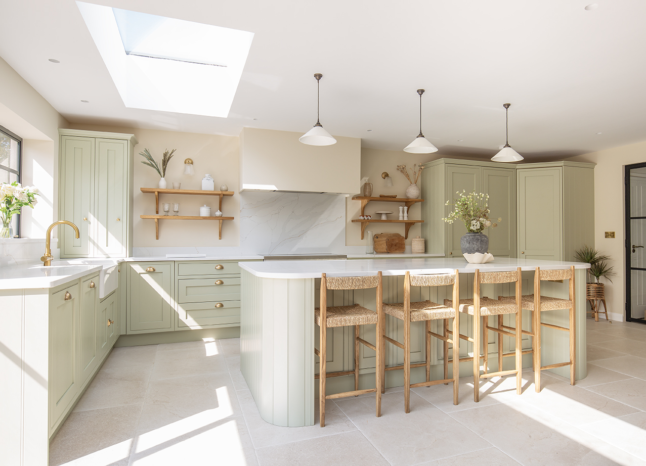 Dorchester Aged White Porcelain Tumbled Effect flooring with green island ans wooden stools